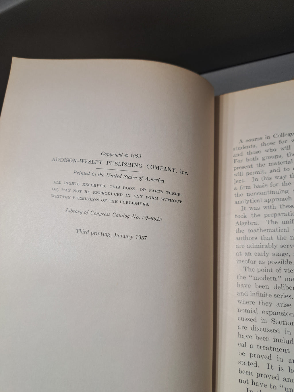 Vintage 1957 third printing of College Algebra by Ross H Bardell and Abraham Spitzbart - University of Wisconsin