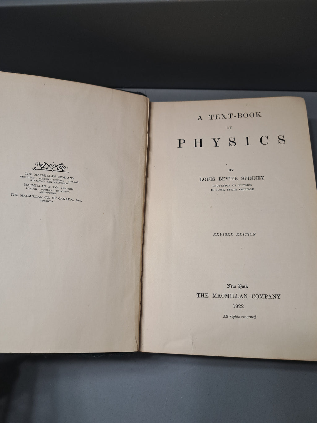 Vintage 1922 A Text-Book of Physics by Louis Bevier Spinney