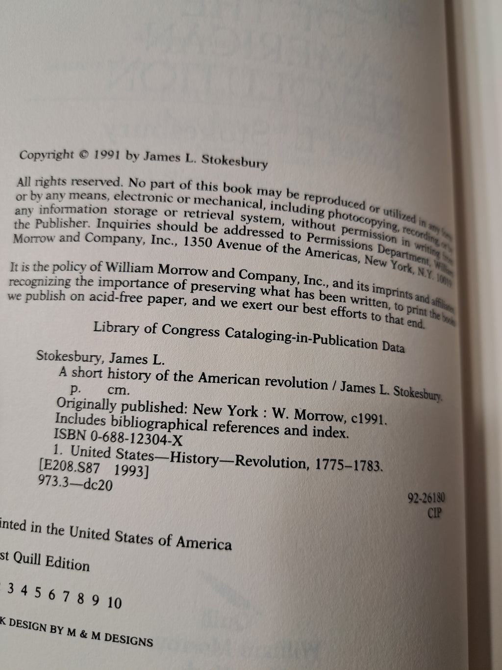 1991 first edition of A Short History of the American Revolution by James L Stokesbury
