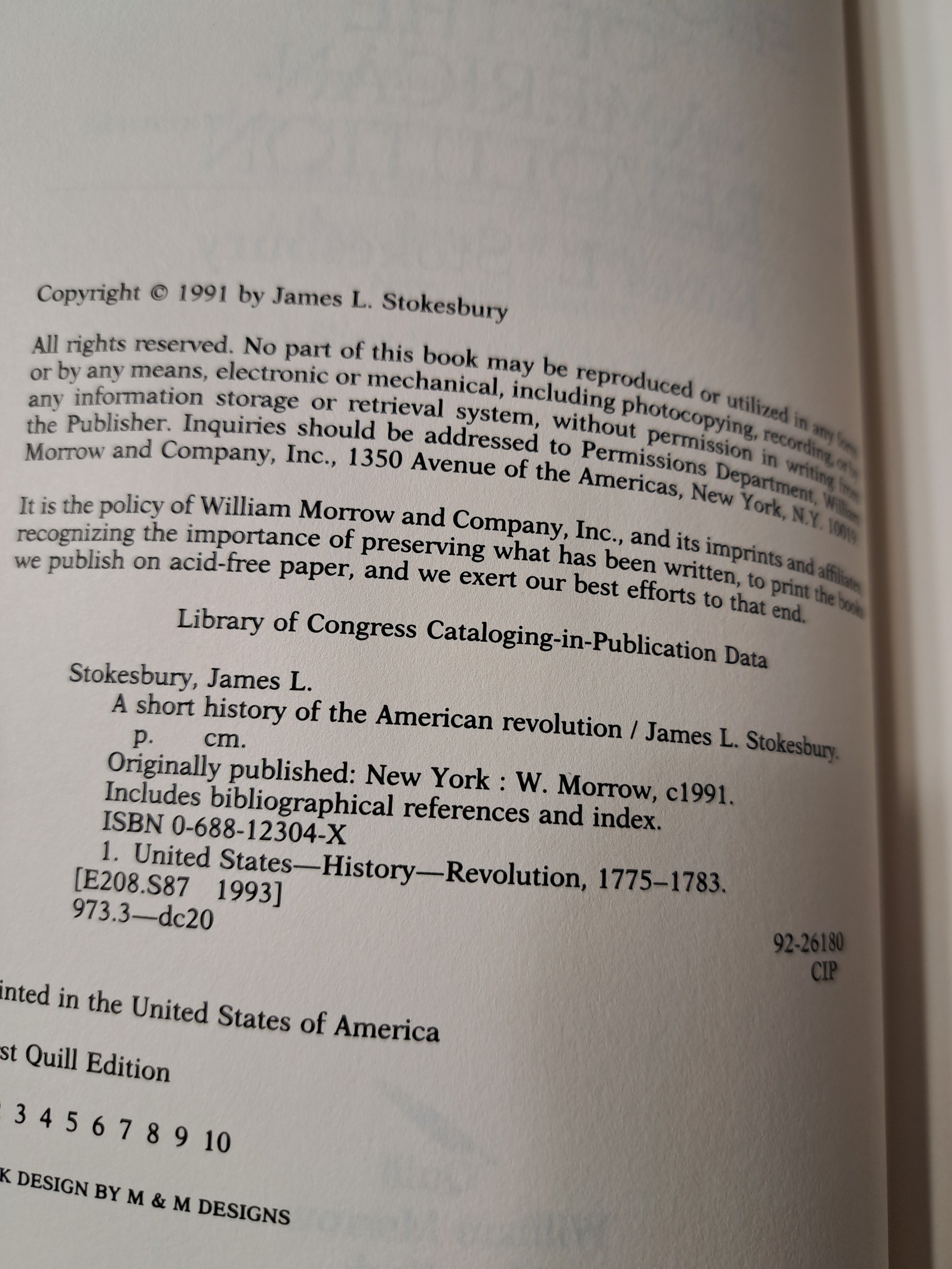 1991 first edition of A Short History of the American Revolution by James L Stokesbury