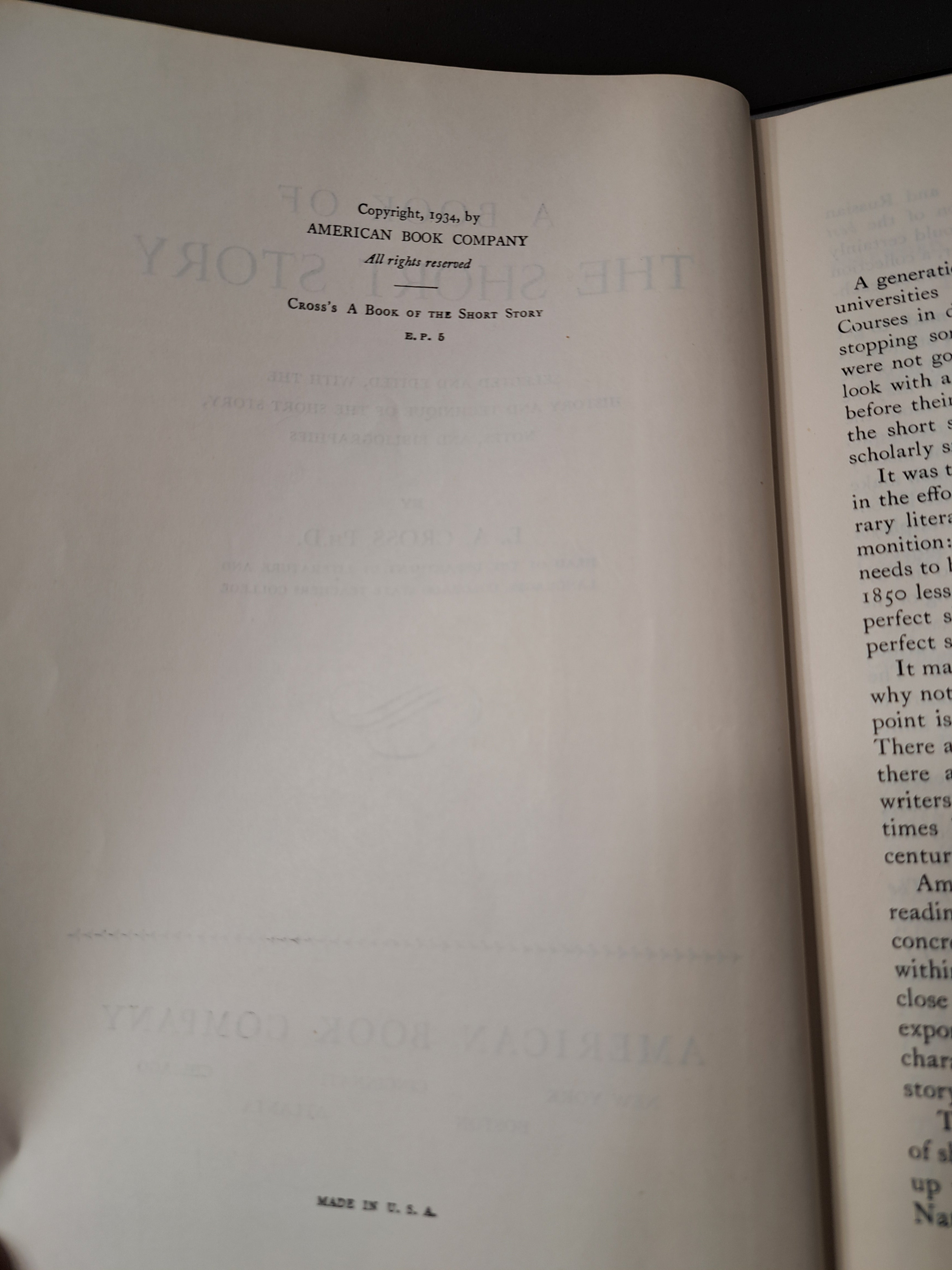 Vintage 1934 first edition A Book of the Short Story by E A Cross PhD