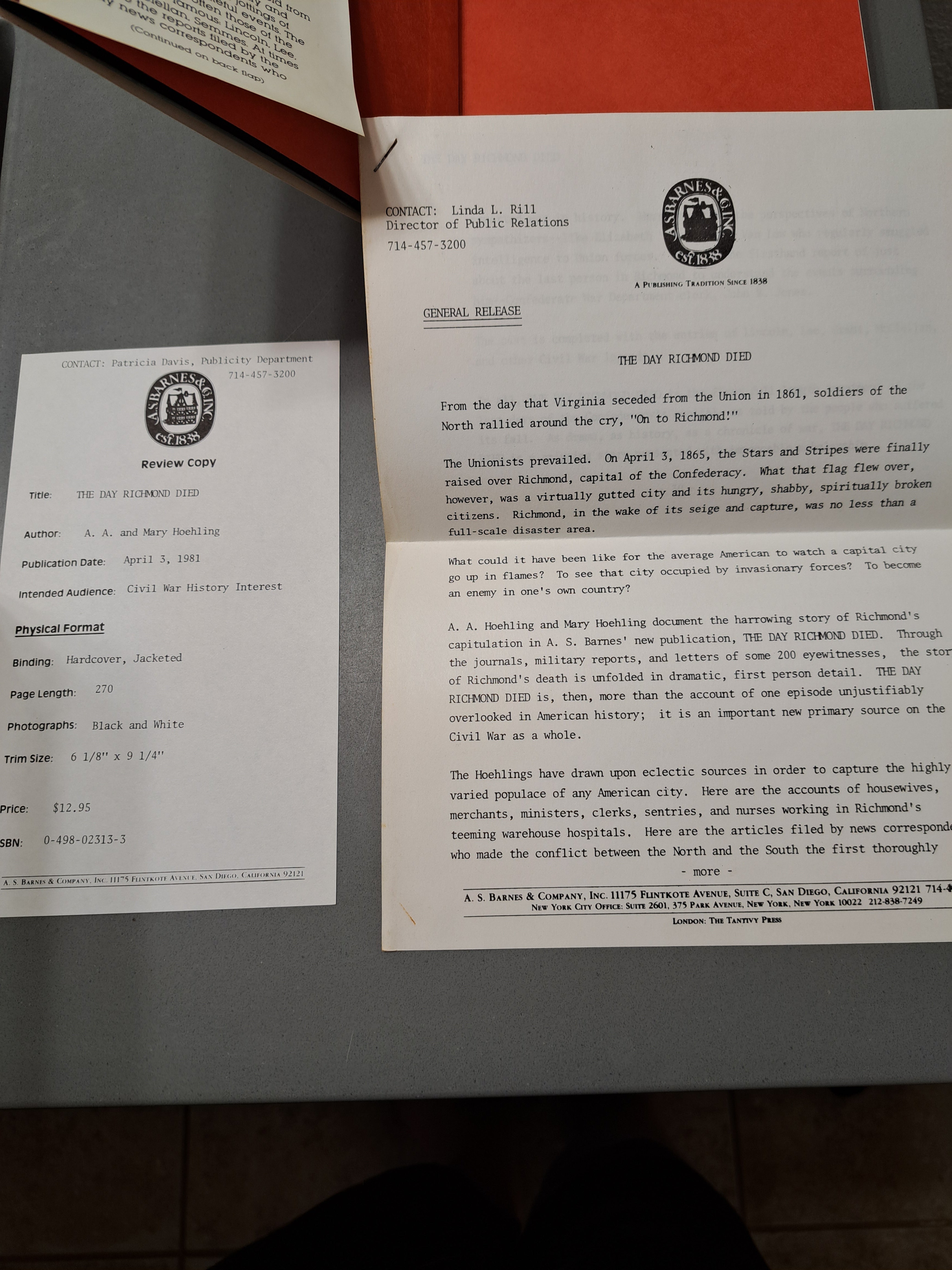Vintage 1981 The Day Richmond Died by A A and Mary Hoehling