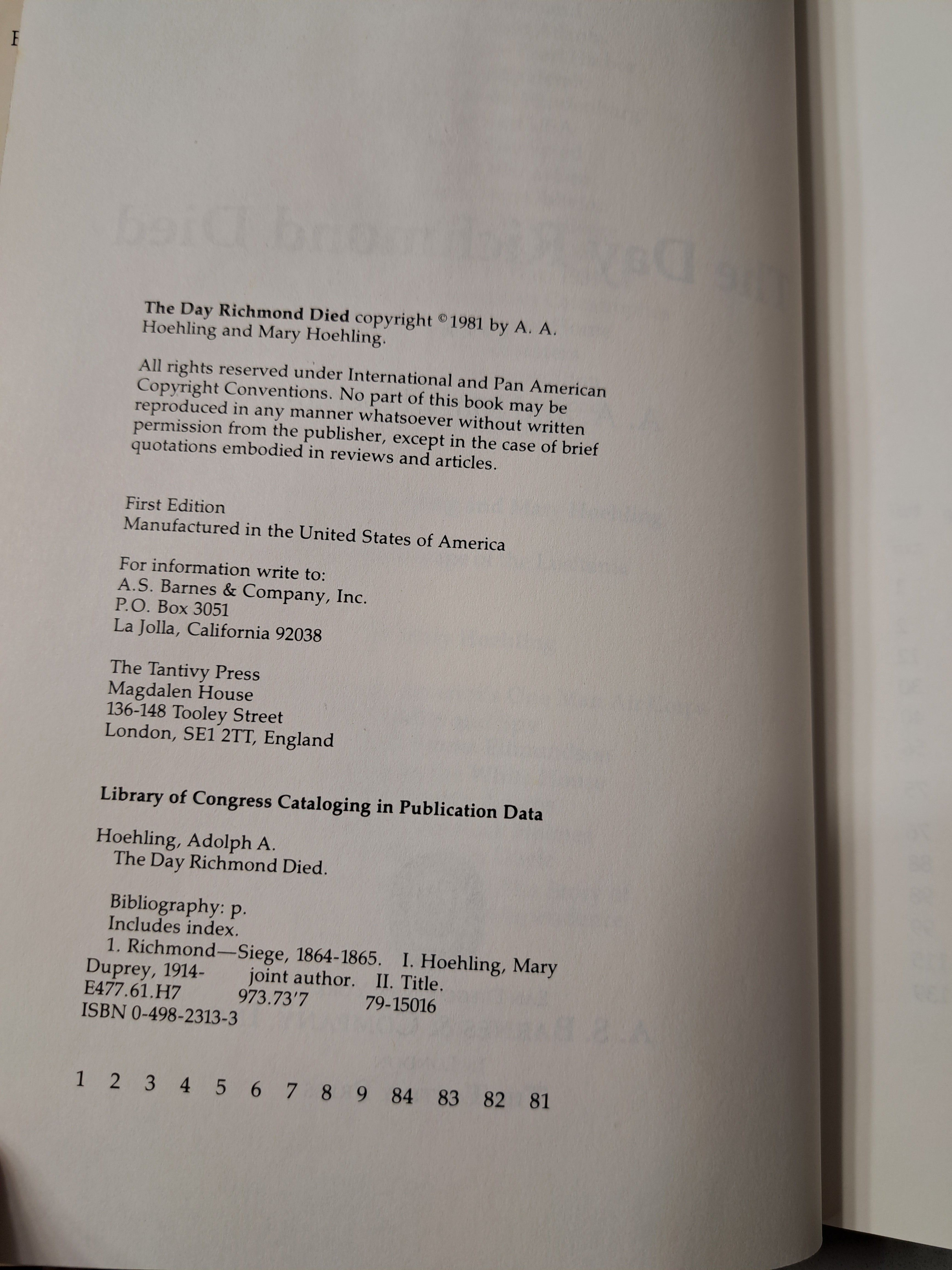 Vintage 1981 The Day Richmond Died by A A and Mary Hoehling