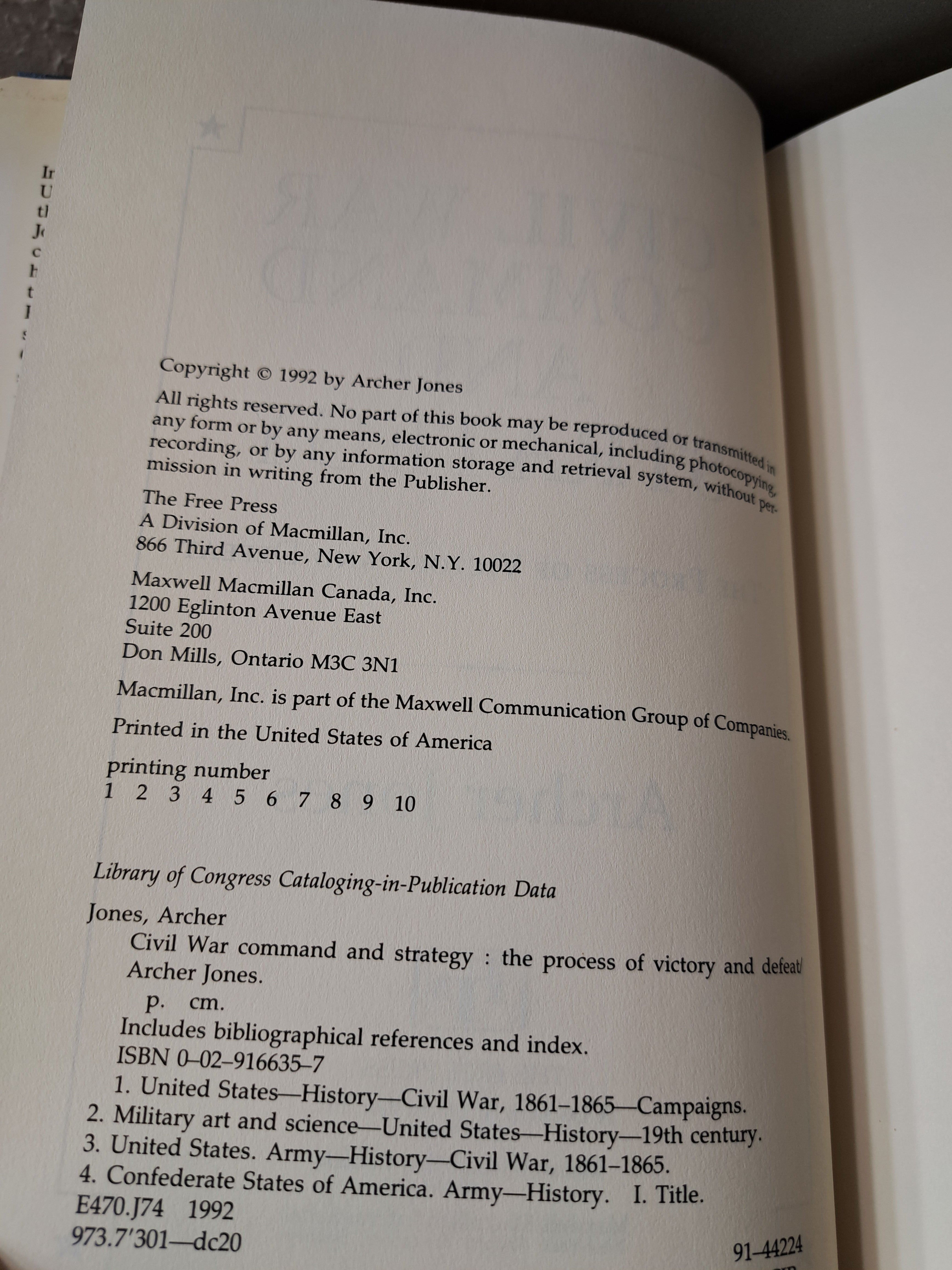 1992 first edition of Civil War Command and Strategy: The Process of Victory and Defeat by Archer Jones