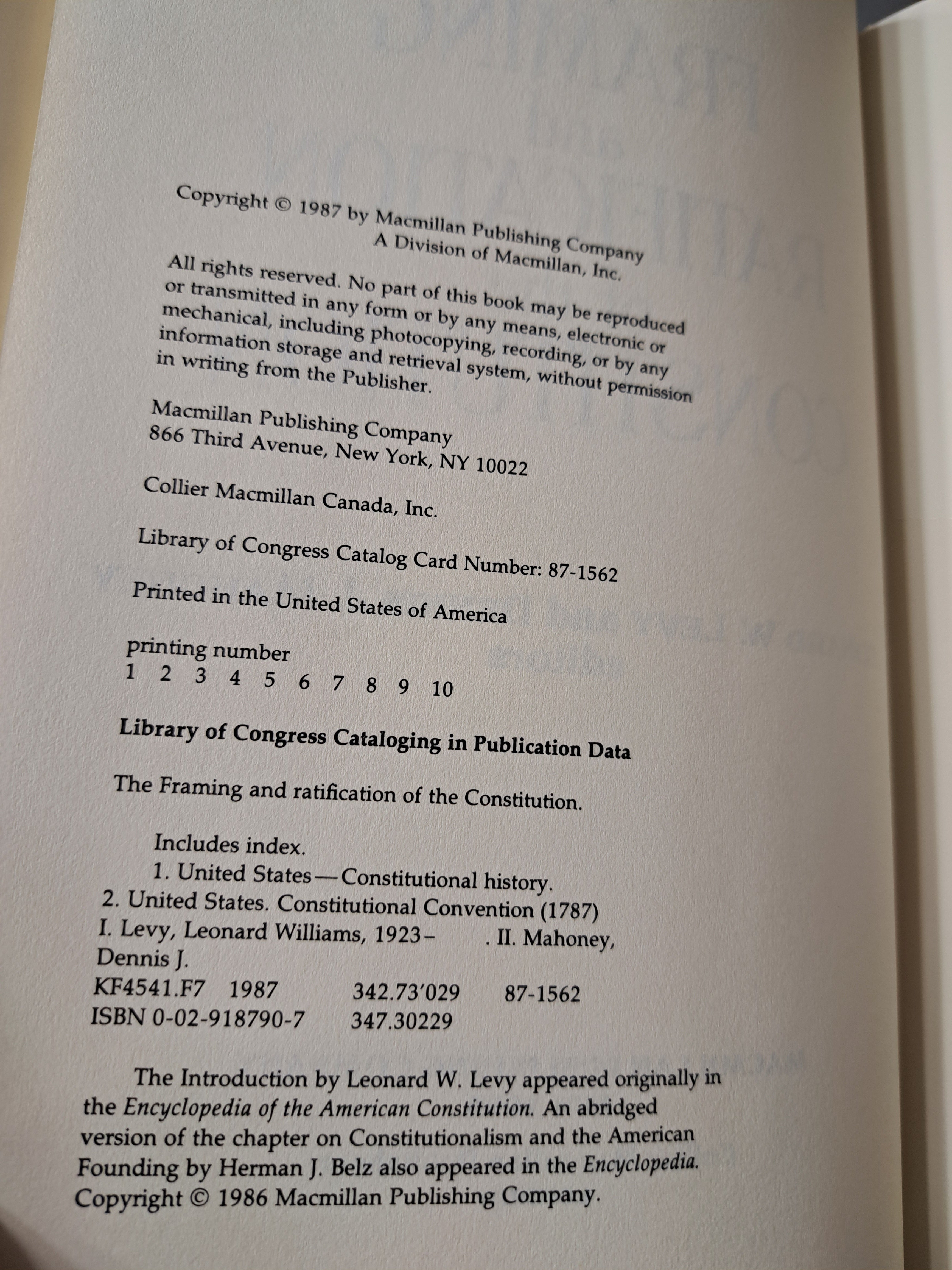 Vintage 1987 first edition of The Framing and Ratification of the Constitution