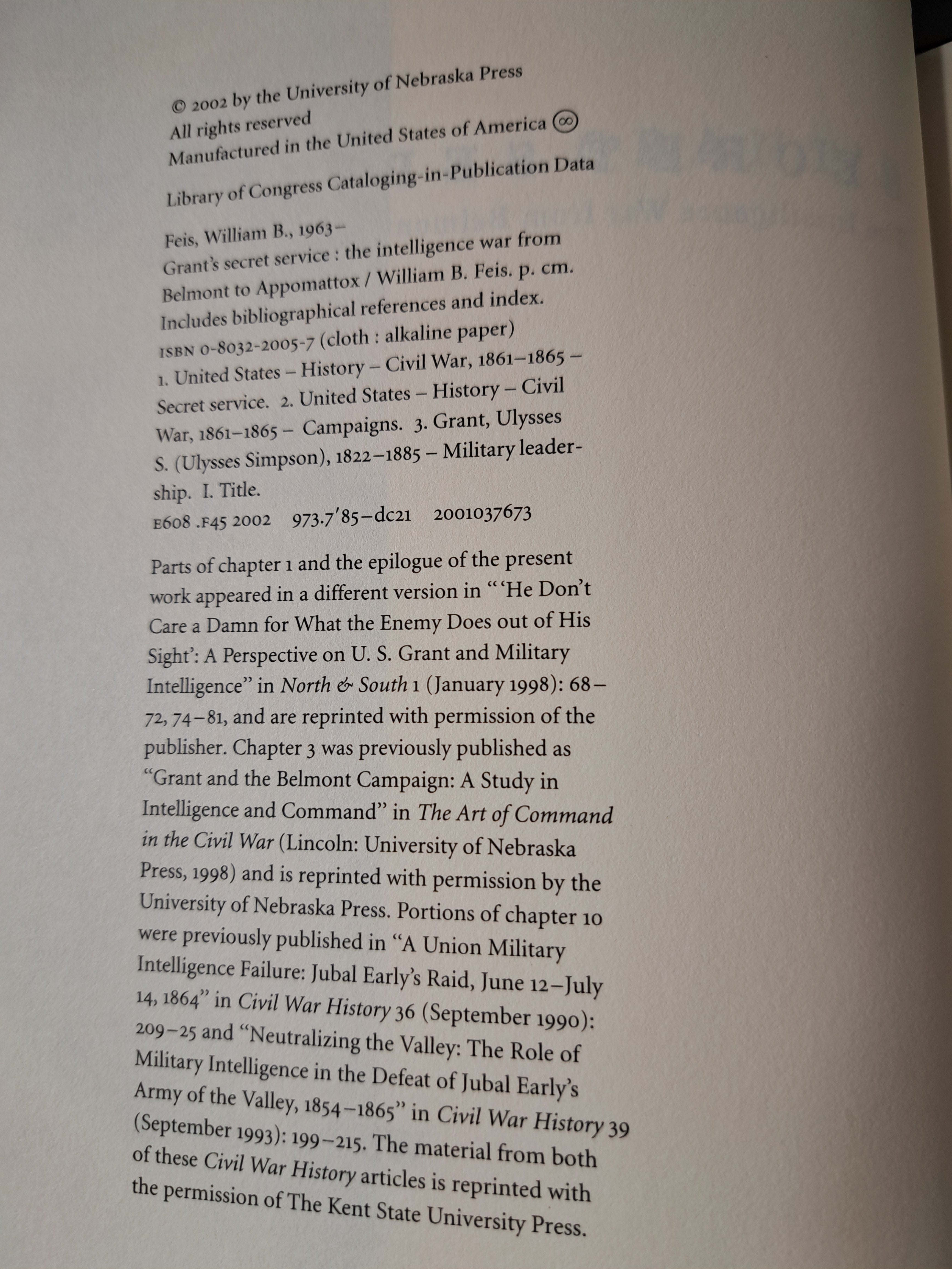 First edition of Grant's Secret Service by William B Feis