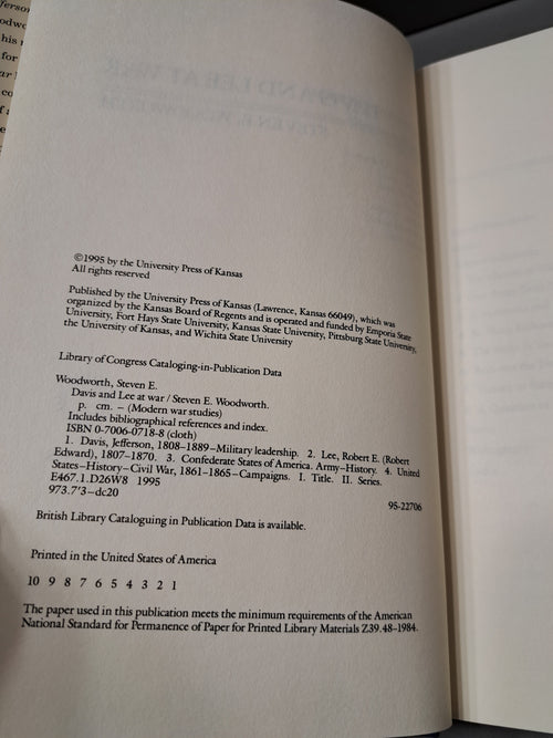 1995 first edition of Davis and Lee at War by Steven E Woodworth
