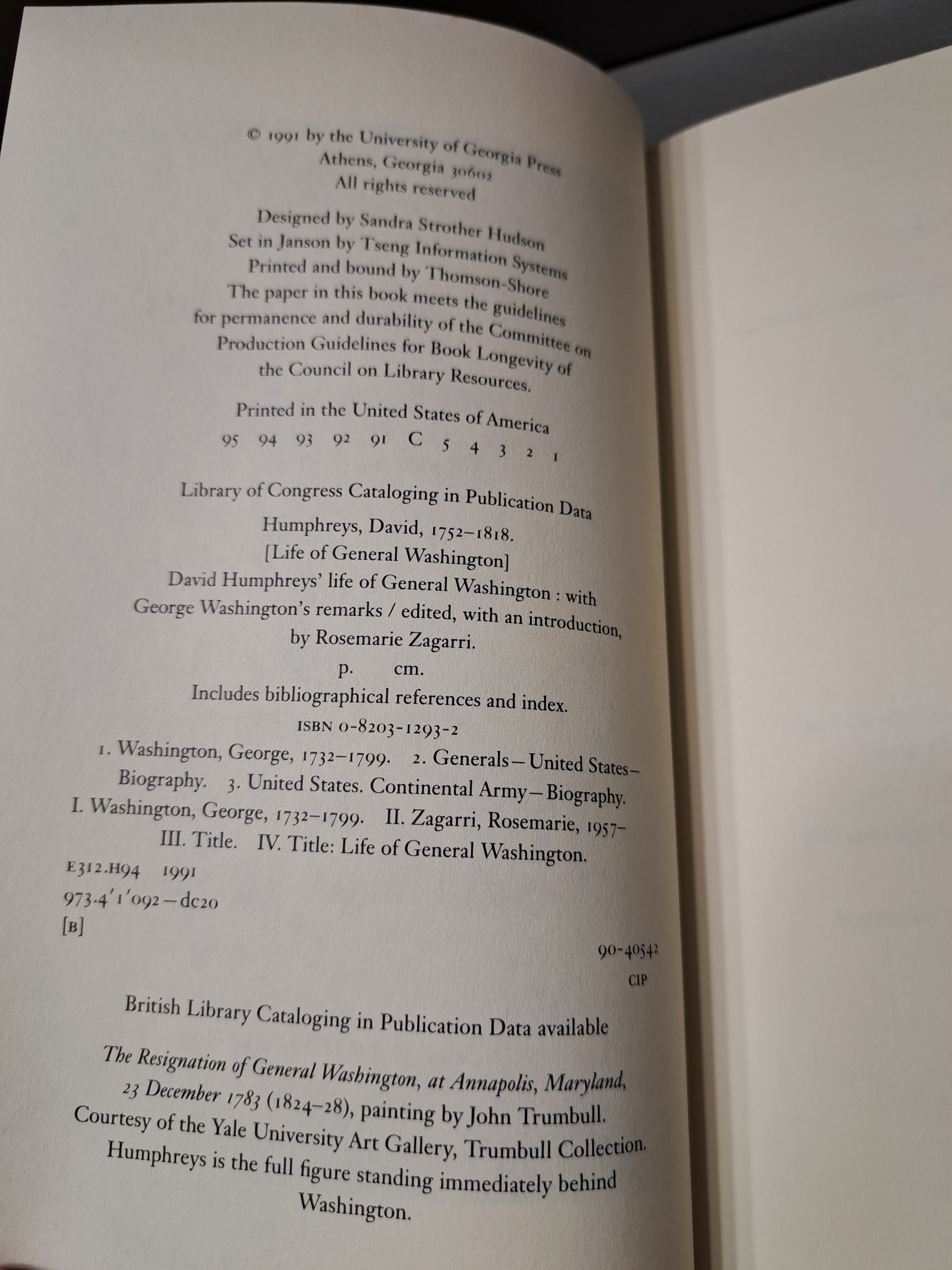 Vintage 1991 first edition of David Humphrey's "Life of General Washington" with George Washington's "Remarks"