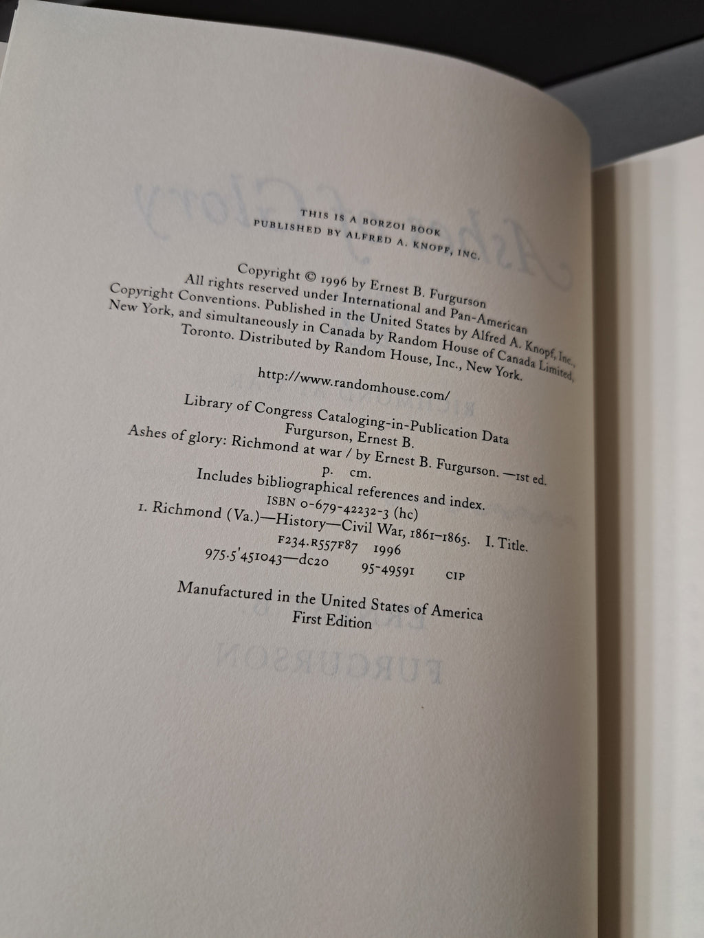 1996 first edition of Ashes of Glory: Richmond at War by Ernest B Furgurson