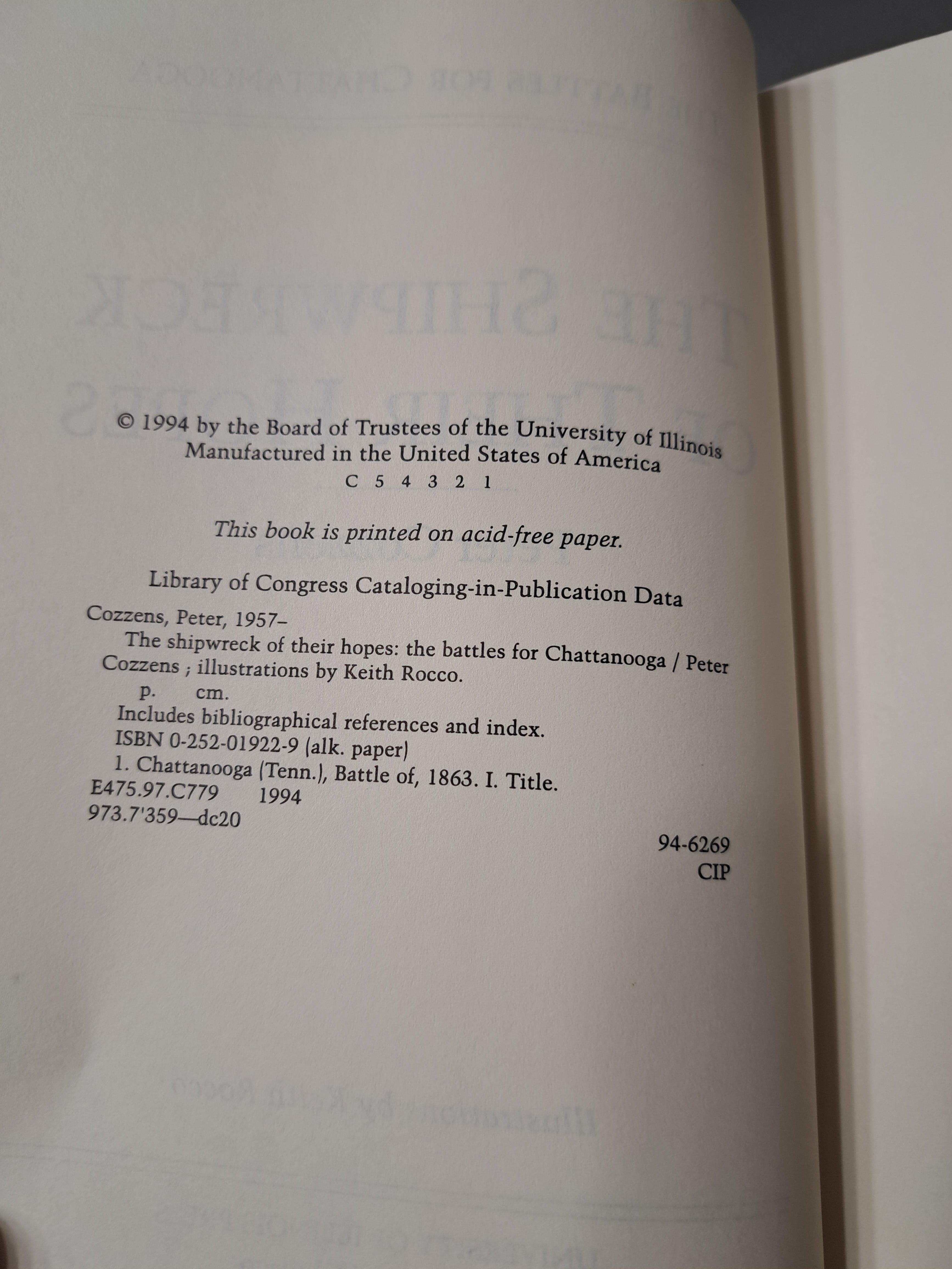 1994 first edition of The Battles for Chattanooga: The Shipwreck of Their Hopes by Peter Cozzens