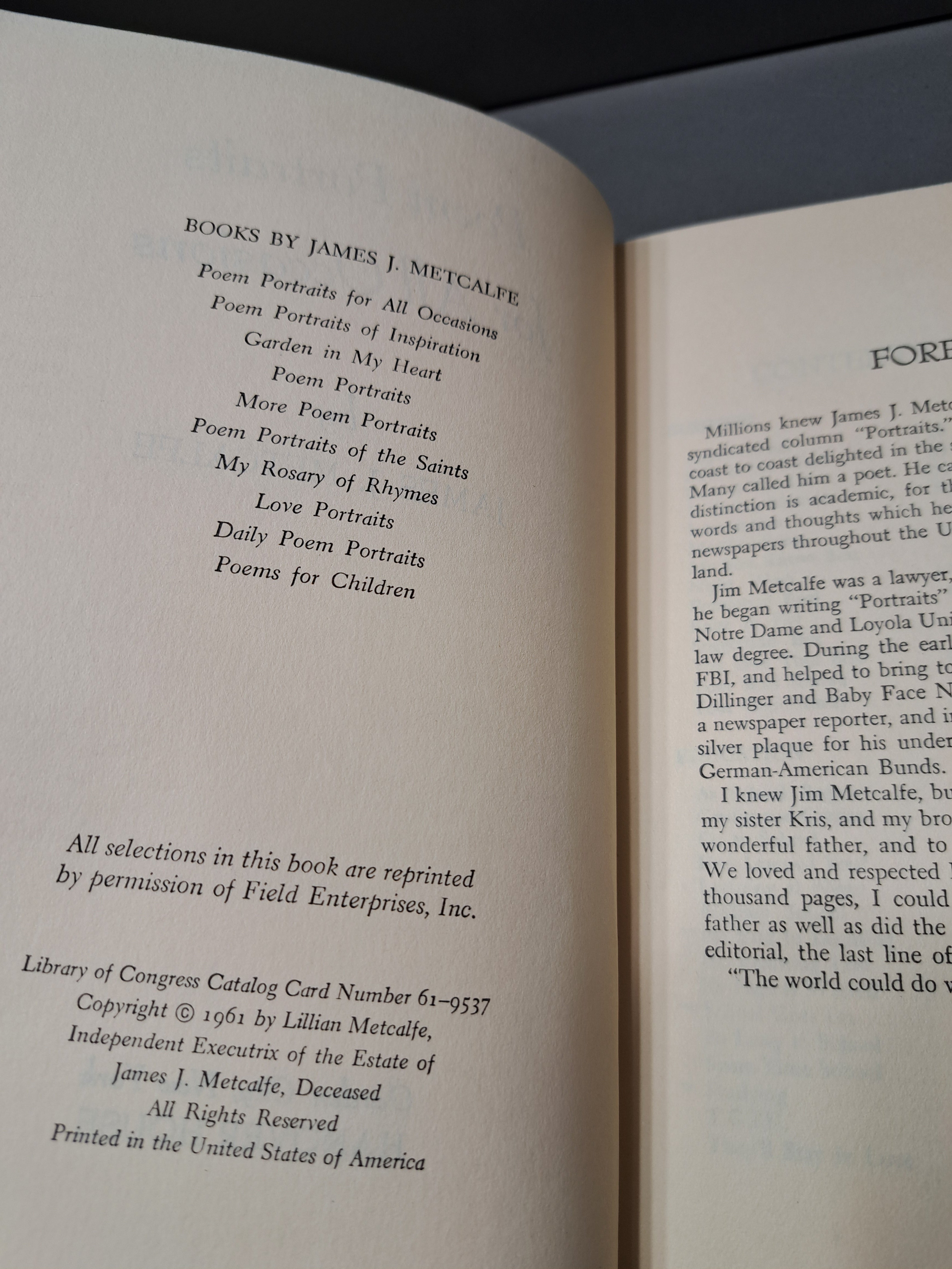 Vintage 1961 Poem Portraits for all Occasions by James J Metcalfe
