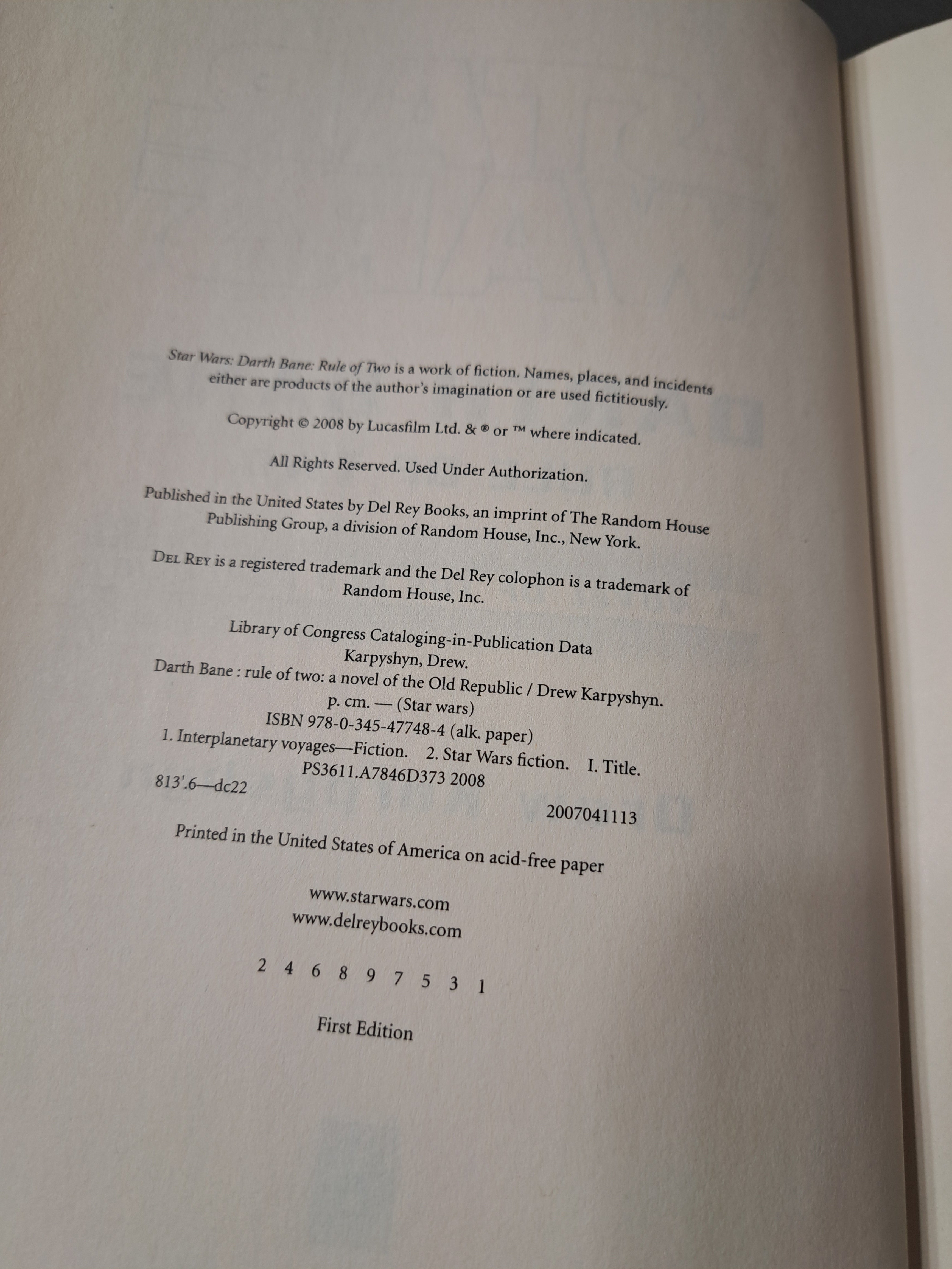 First edition of Star Wars: Darth Bane Rule of Two by Drew Karpyshyn