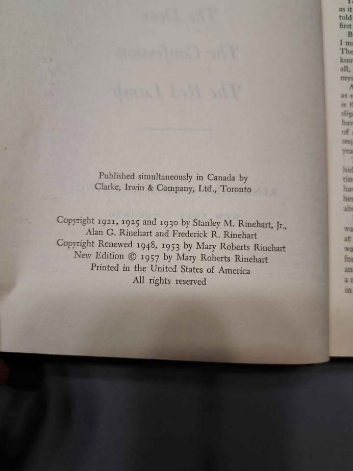 Vintage 1957 The Mary Roberts Rinehart Crime Book:The Door, The Confession, The Red Lamp (hardcover)