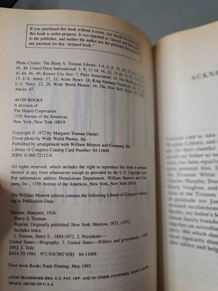 Vintage 1972 Harry S Truman book by Margaret Truman
